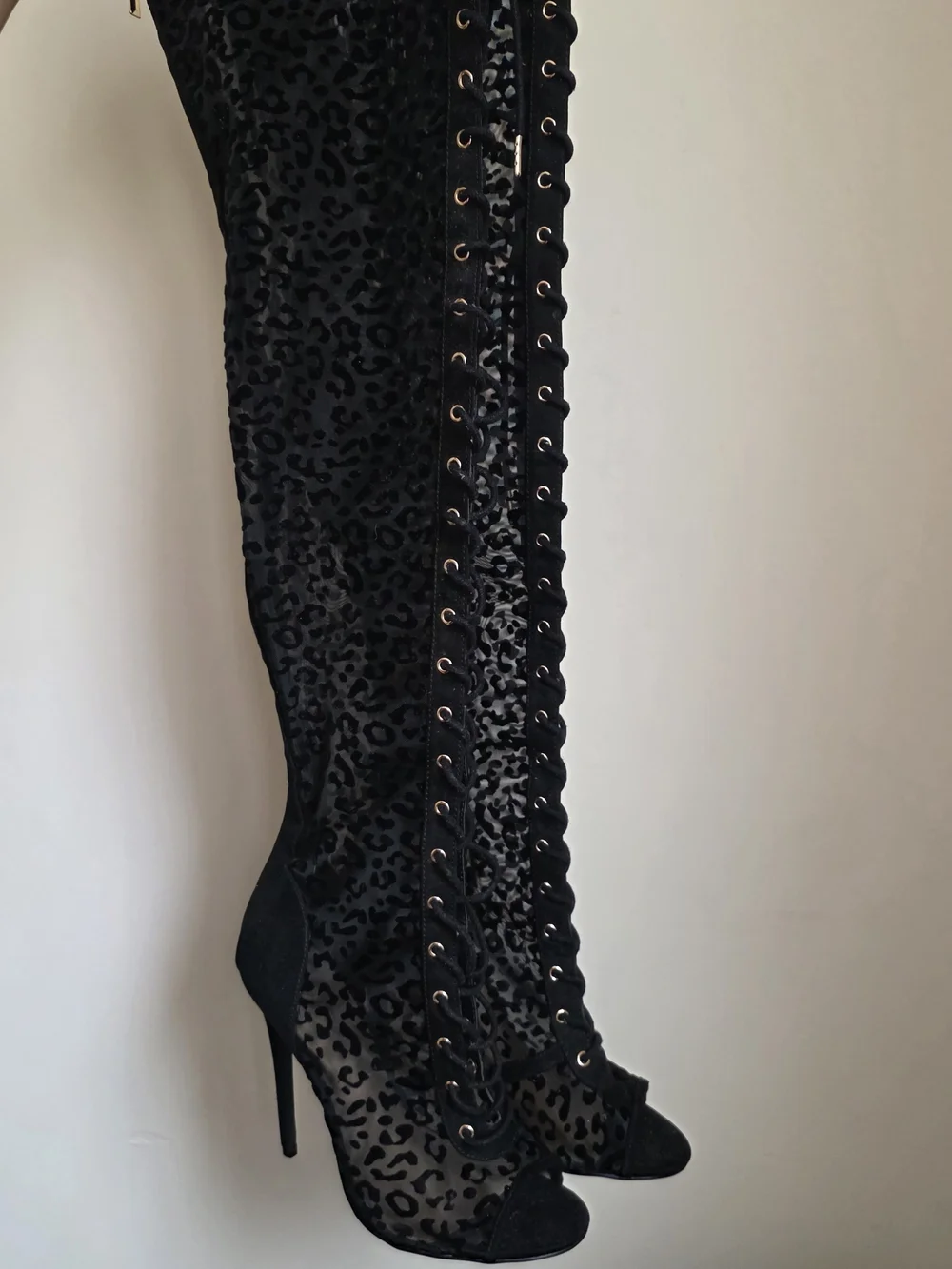 Black Over-the-Knee Lace-Up Stiletto Boots